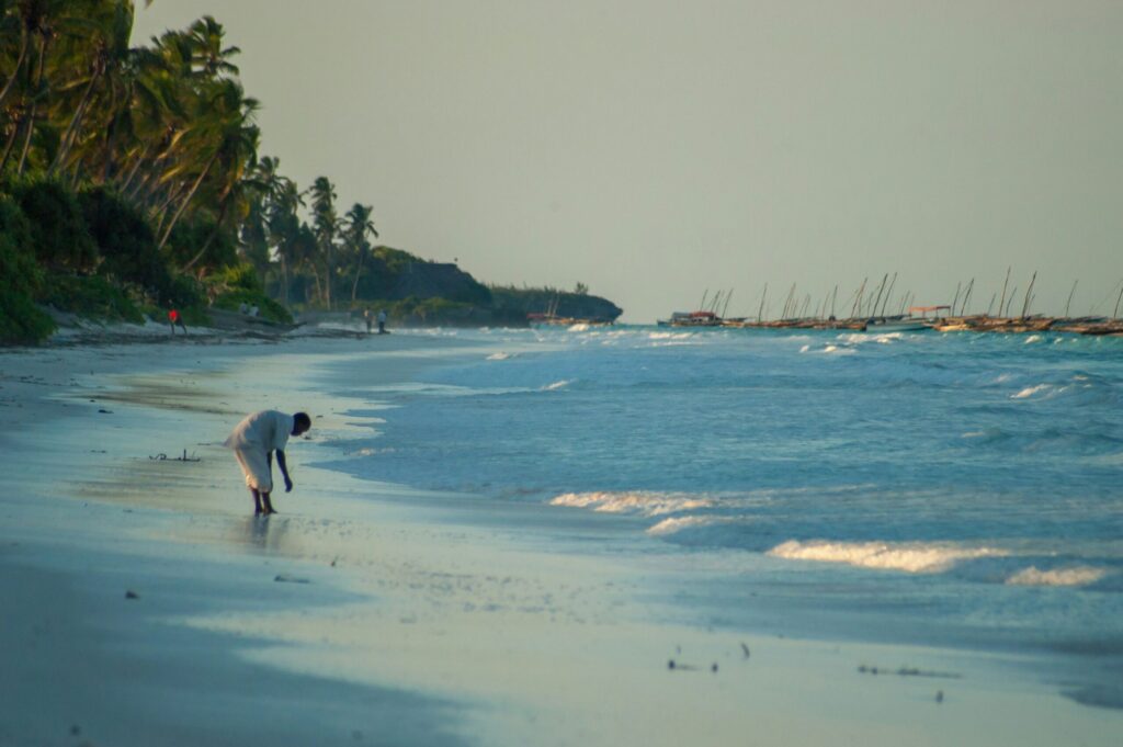 Beach in zanzibar with blue waters and alms and a man
