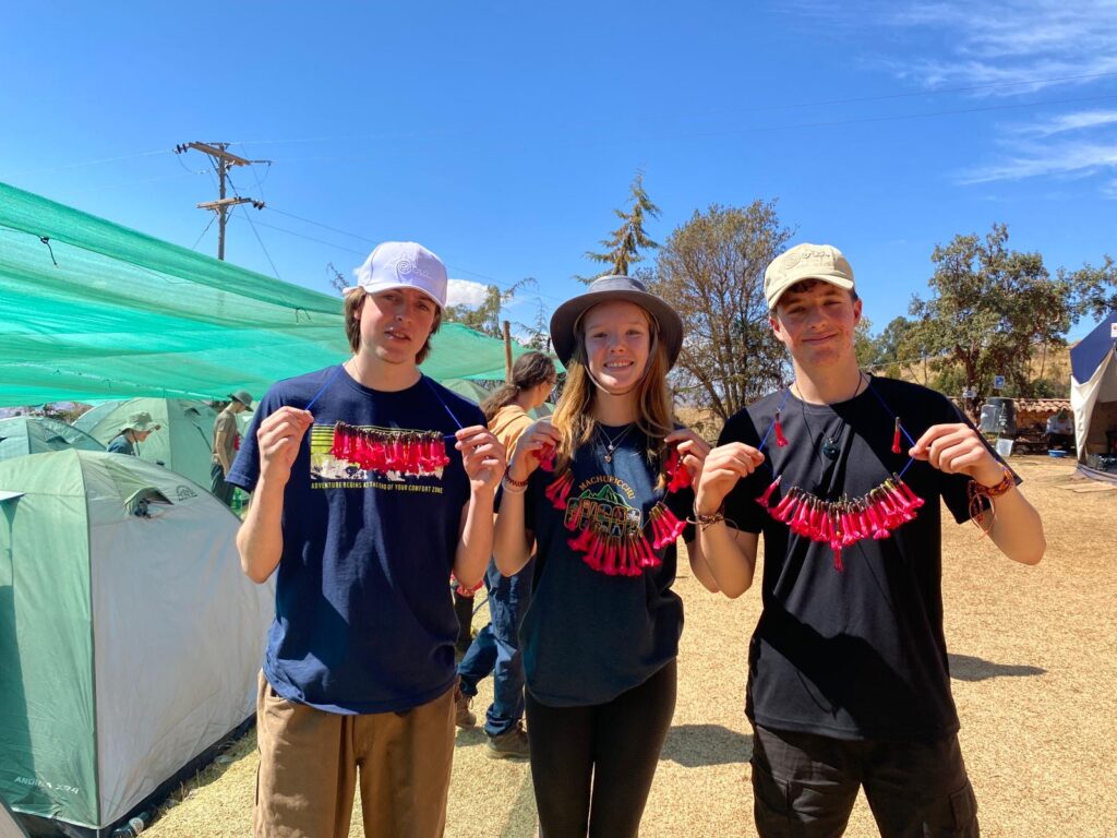 group of student travellers posing with flower garlands in peru