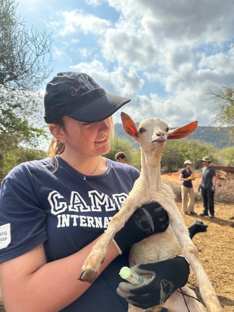 Camps international student holding a baby goat in Kenya during a goat deworming project