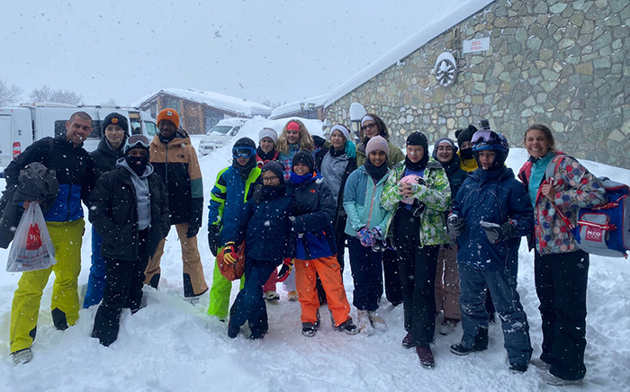 Group photo of students in the snow in Georgia
