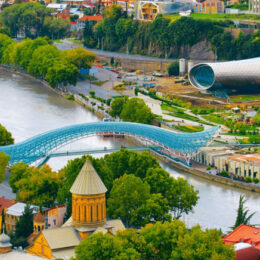 Tbilisi in Georgia - river running through the town, a mixture of modern and more traditional architecture